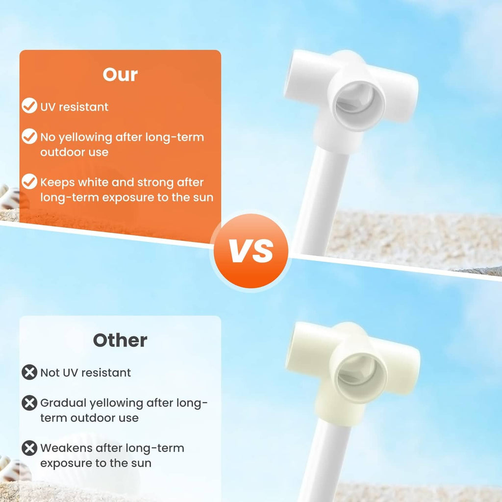 White PVC 4-way pipe fitting cross on vertical pipe, push-fit socket ends