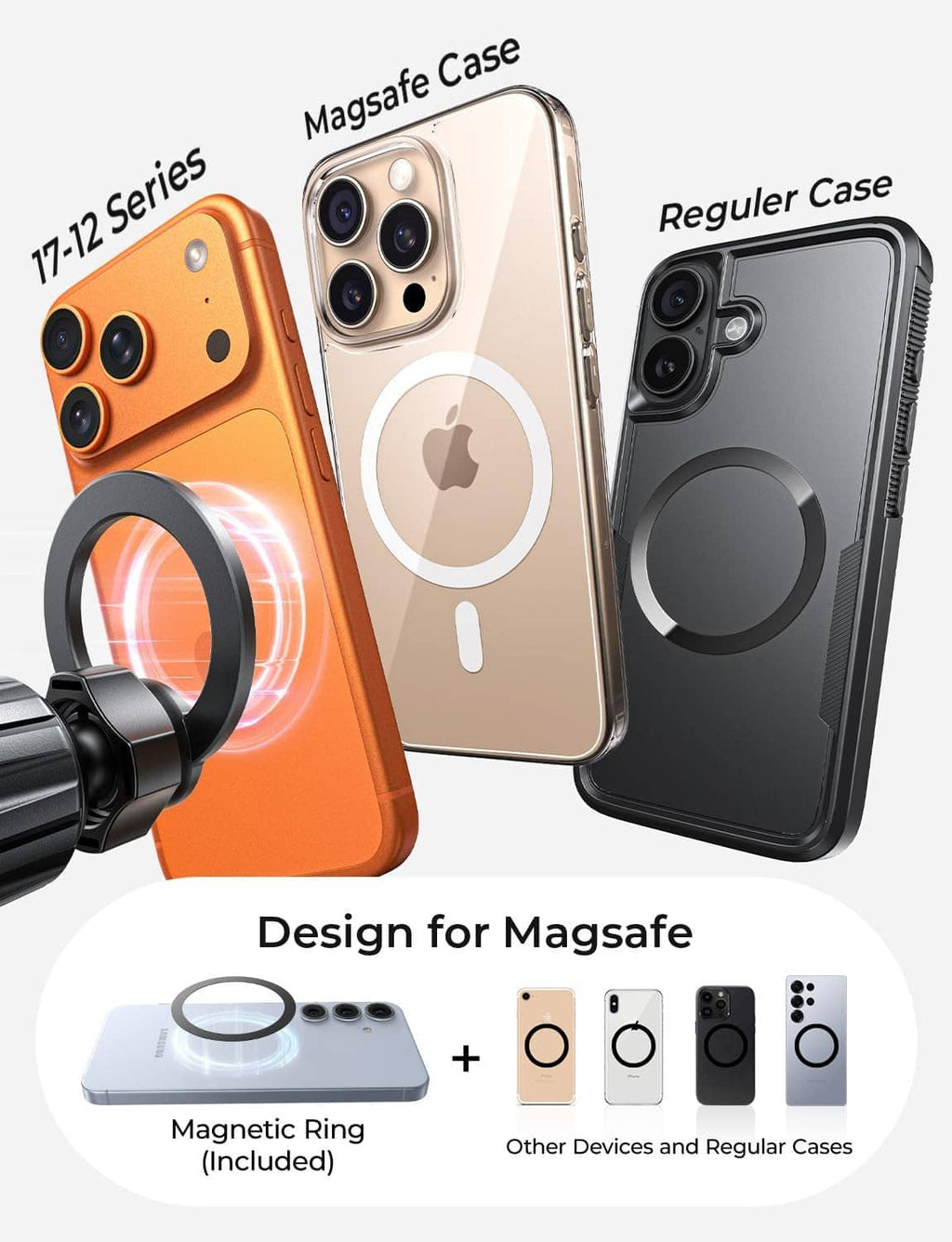 Magnetic phone mount ring compatible with MagSafe cases and regular cases