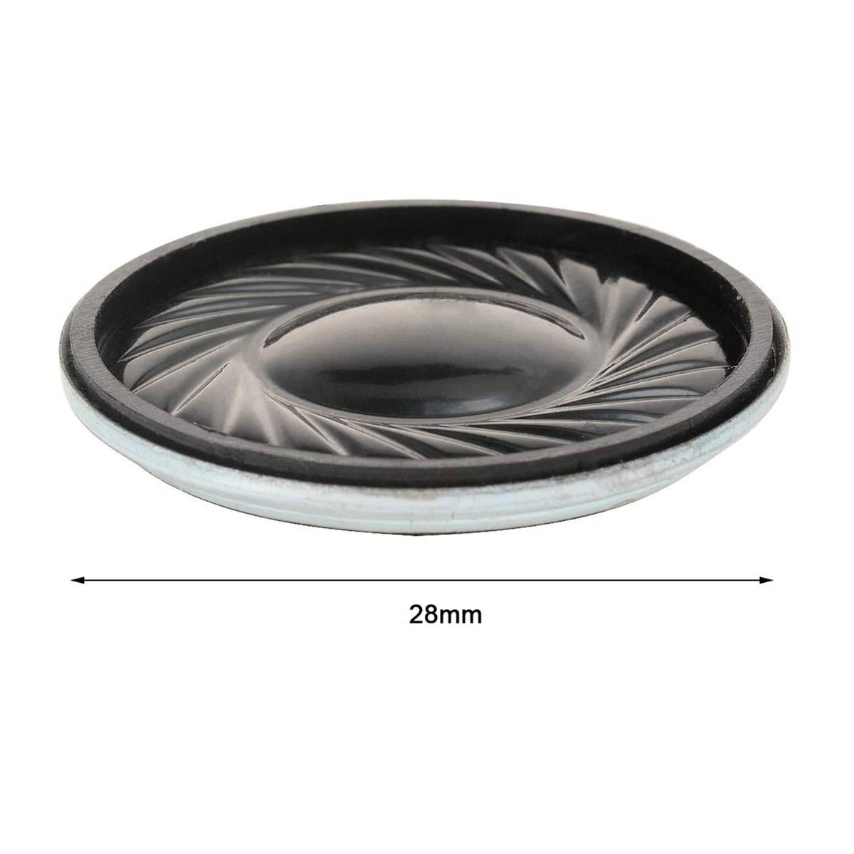28mm round black micro speaker with spiral cone, shown with size measurement