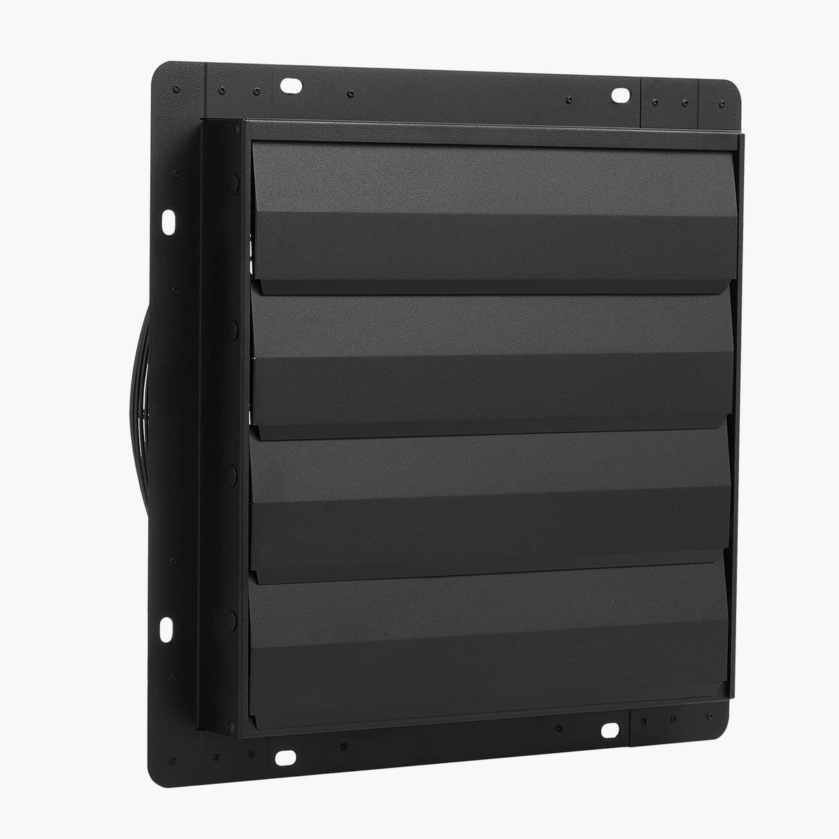 Wall-mounted shutter exhaust fan, black louver panel with mounting holes and frame
