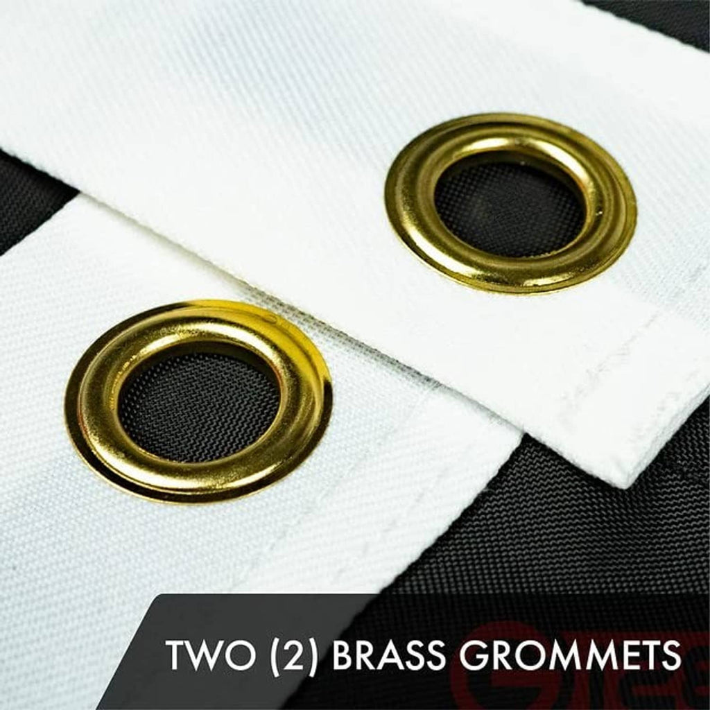 Close-up of two brass grommets on a reinforced polyester flag corner