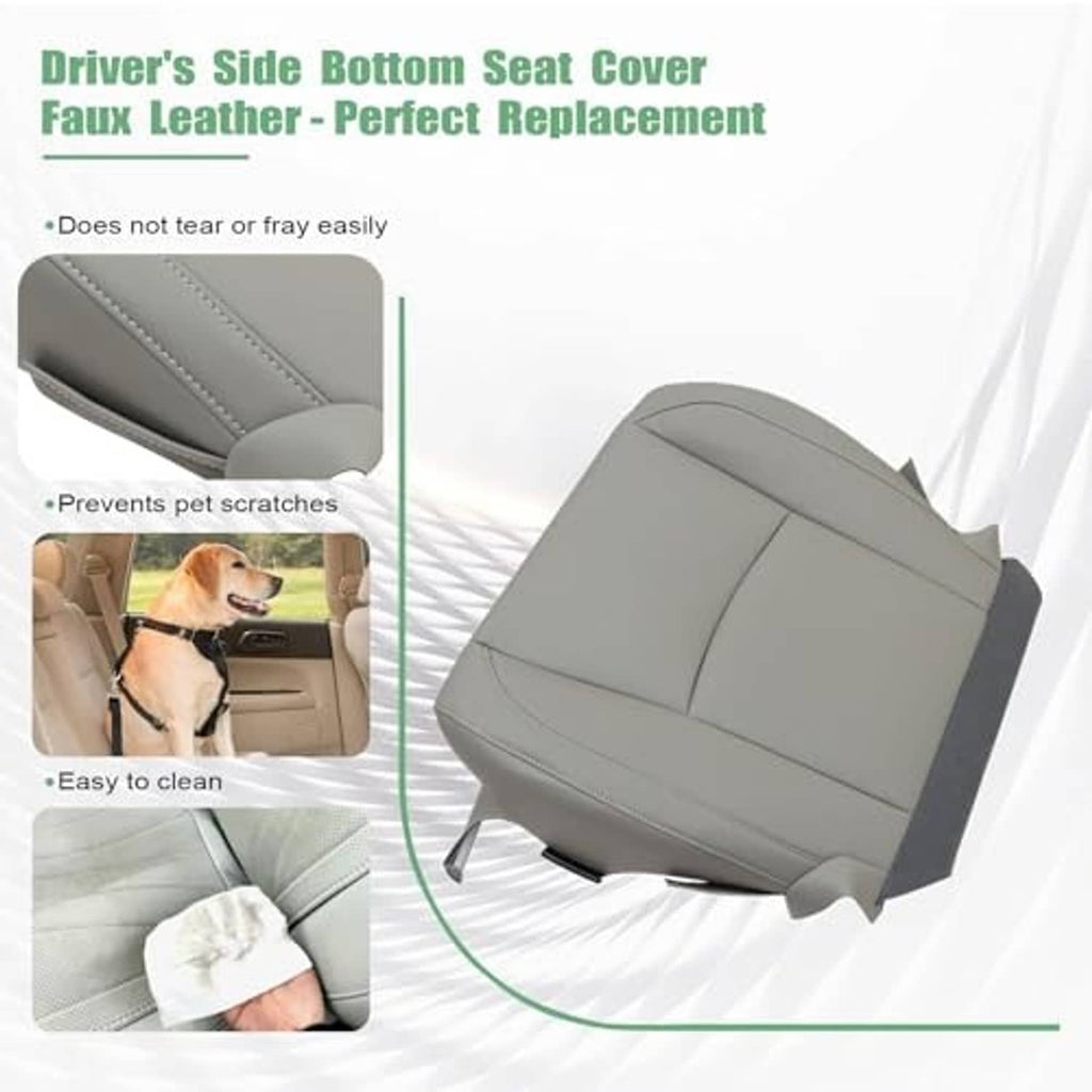 Gray leather driver-side bottom seat cover with stitched contours and side cutouts