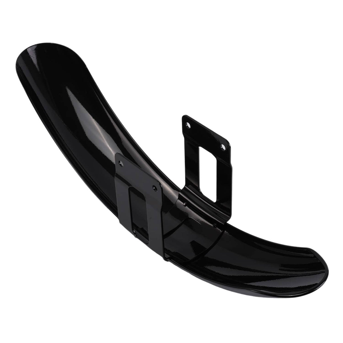 Black front fender with long curved shield and mounting bracket supports, angled
