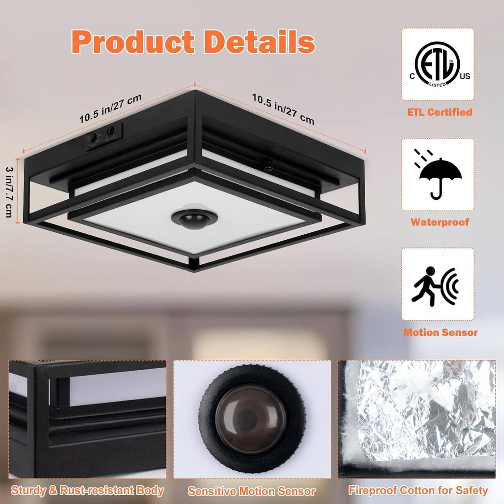 Black square LED flush mount outdoor ceiling light with motion sensor and ETL mark