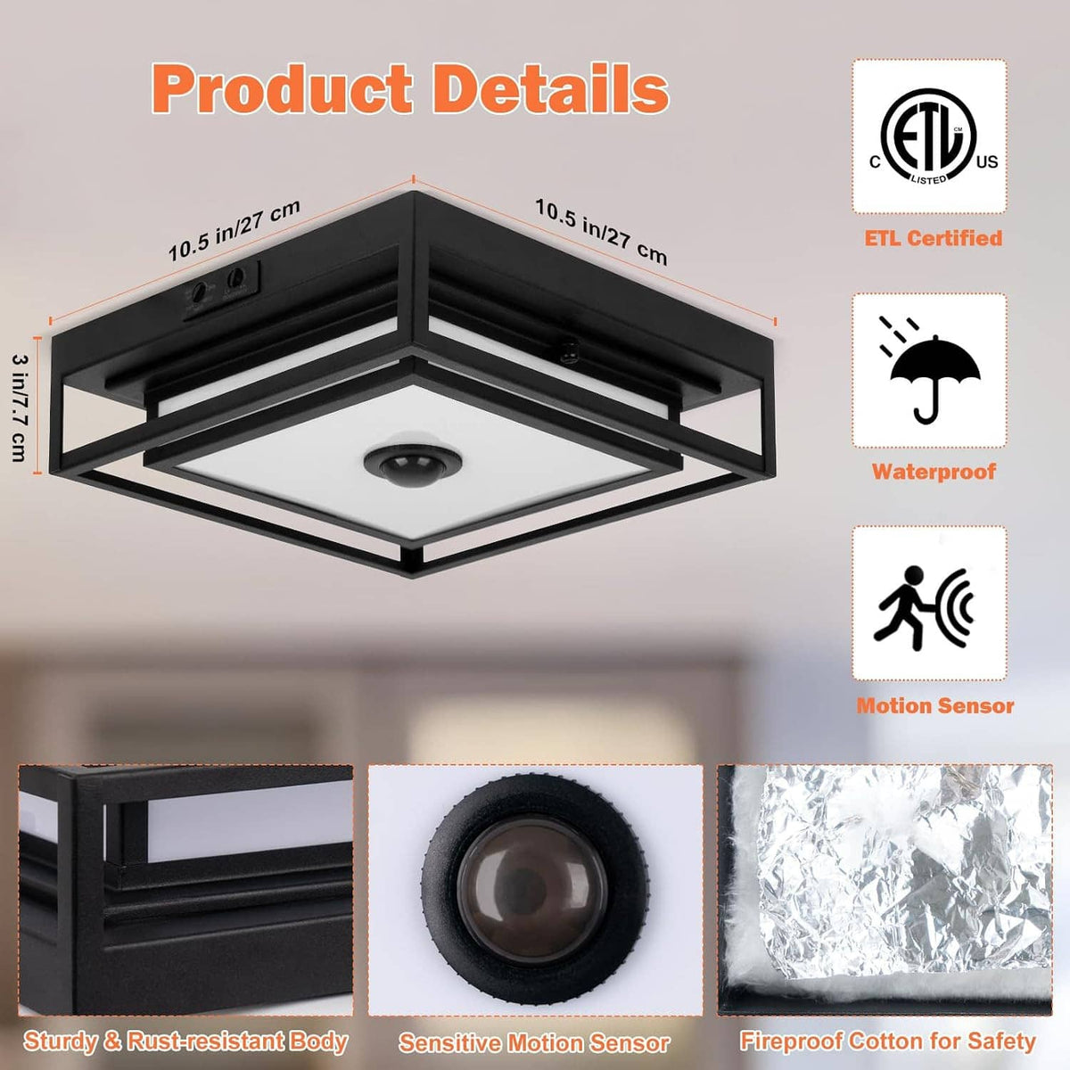 Black square LED flush mount outdoor ceiling light with motion sensor and ETL mark
