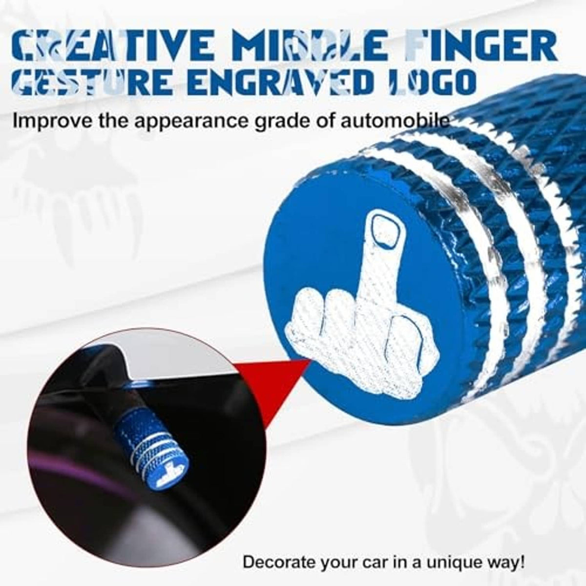 Blue alloy tire valve cap with ridged grip and white hand emblem