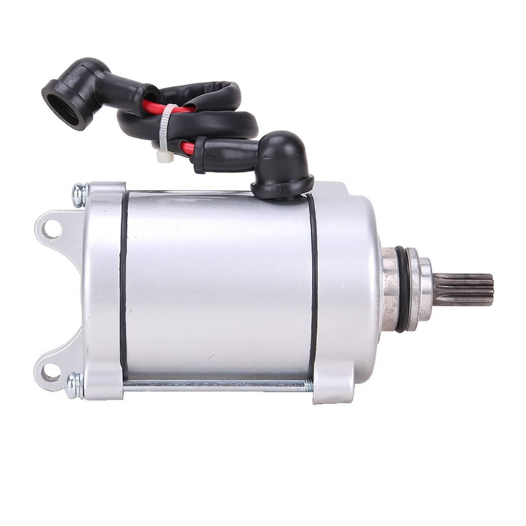ATV starter motor side view with silver housing, output shaft, and black wiring harness