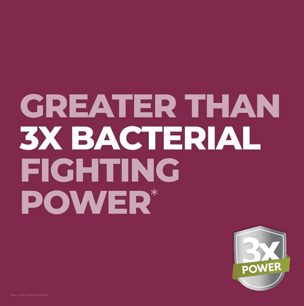 Greater than 3X bacterial fighting power graphic with 3X power badge