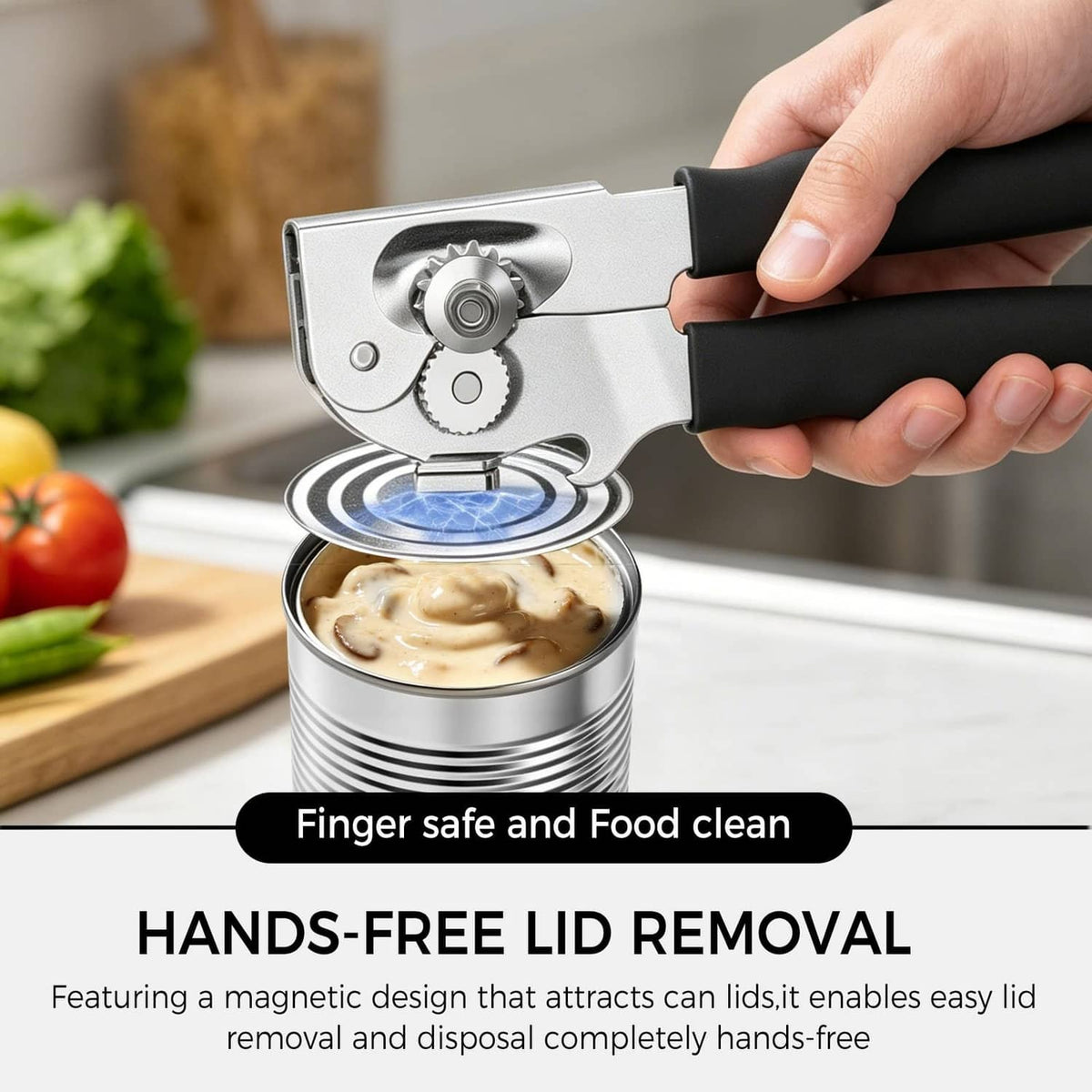 Hands-free lid removal can opener with black handle turning a can lid