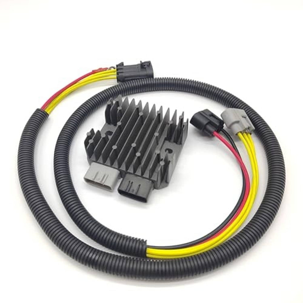 Voltage regulator rectifier and wiring harness with black ribbed cable and colored wires