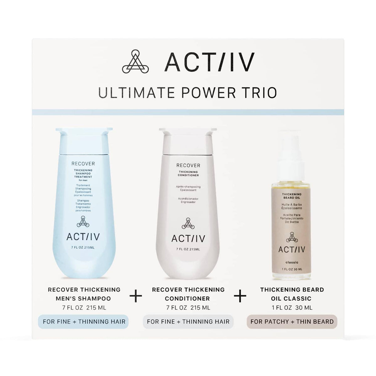 ACTIIV Ultimate Power trio product box showing three bottles: shampoo, conditioner, beard oil