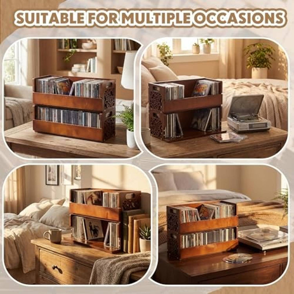 Brown stackable wooden CD storage rack set with side cutout handles for multiple CDs