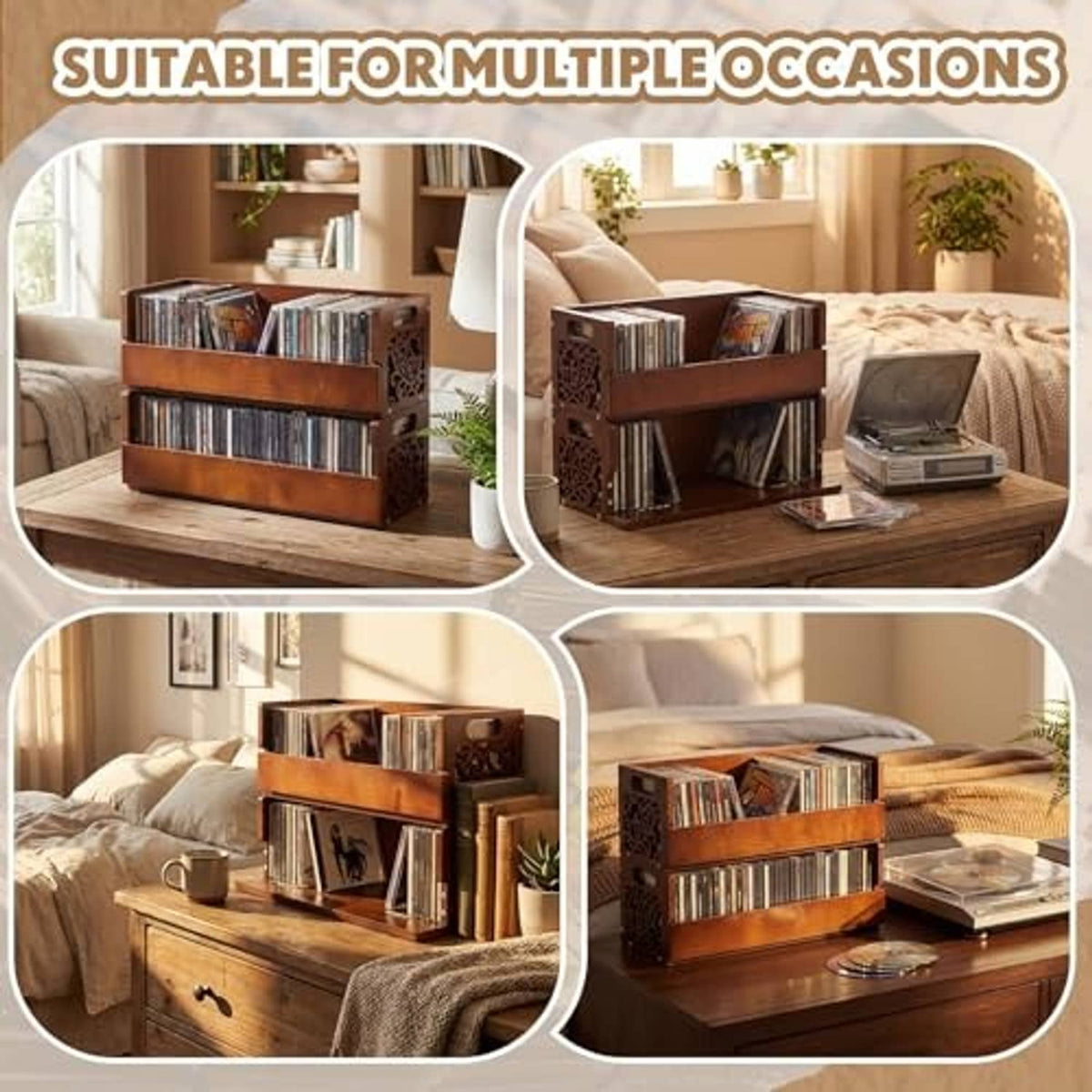 Brown stackable wooden CD storage rack set with side cutout handles for multiple CDs