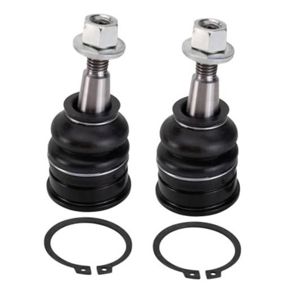 Front upper ball joint set with two studs, black boots, and rubber retaining rings