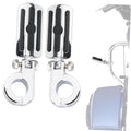 Chrome highway foot peg pair with black grip pads and U-bolt mounting brackets