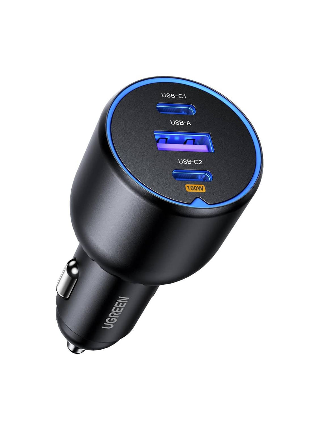 Car USB-C charger with dual USB-A and USB-C ports and blue LED indicator ring