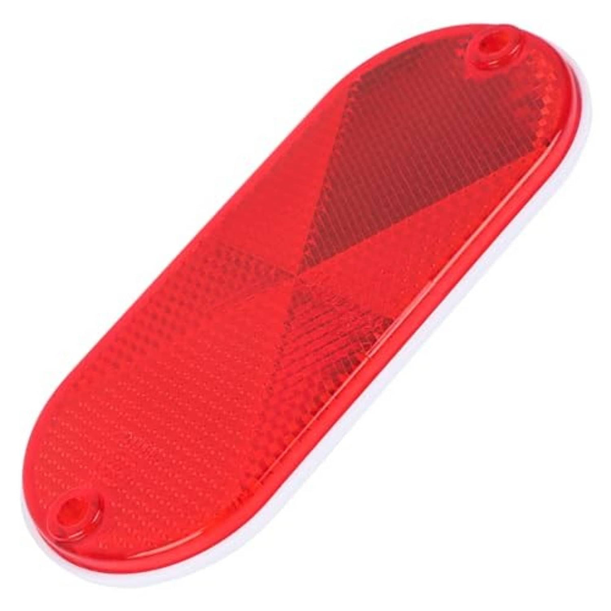 Red oval reflector close-up with textured face and two mounting holes