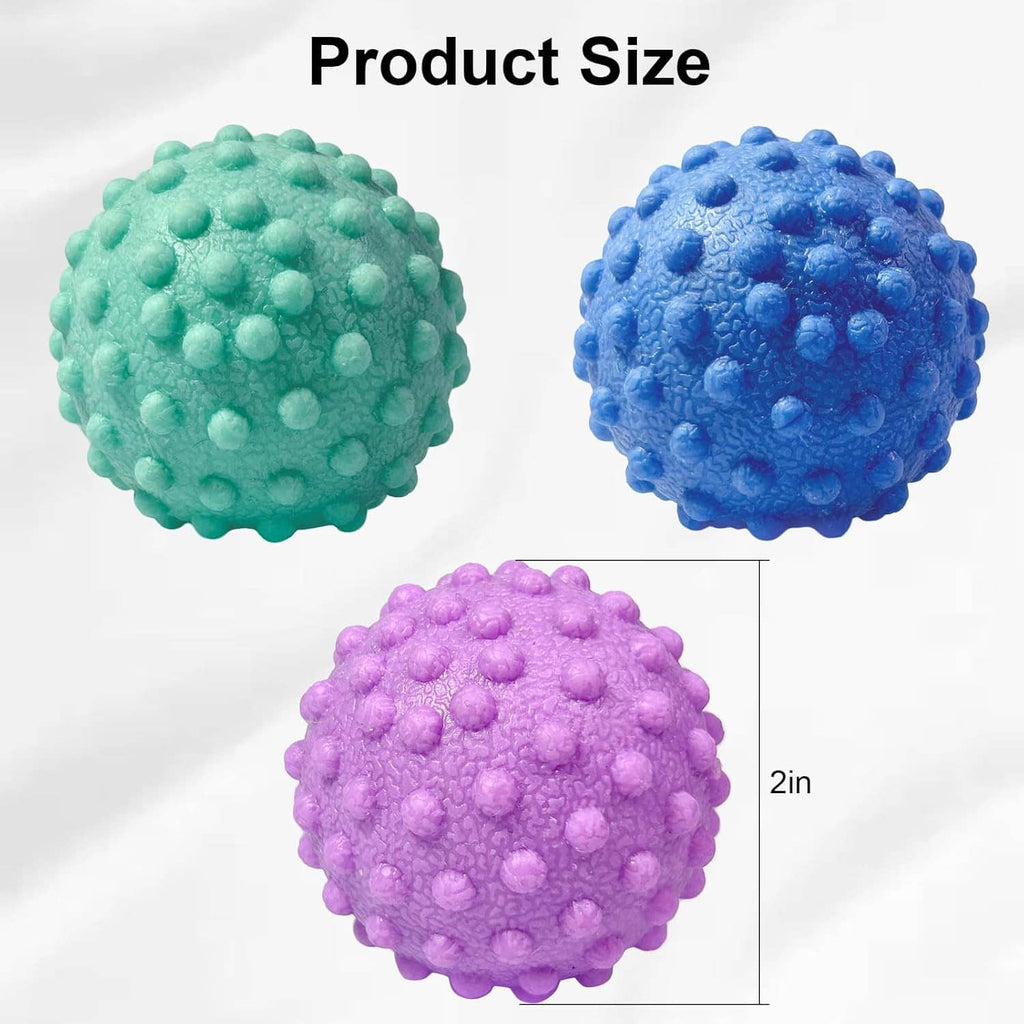 Three foot massage balls in teal, blue, and purple; 2 in diameter each
