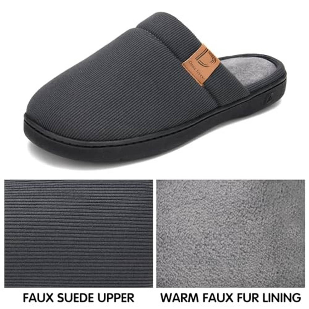 Dark gray slip-on slippers, faux suede upper with warm faux fur lining