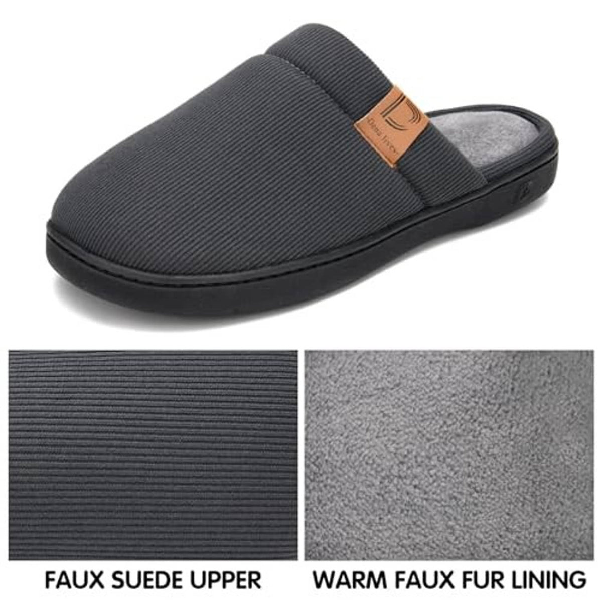 Dark gray slip-on slippers, faux suede upper with warm faux fur lining