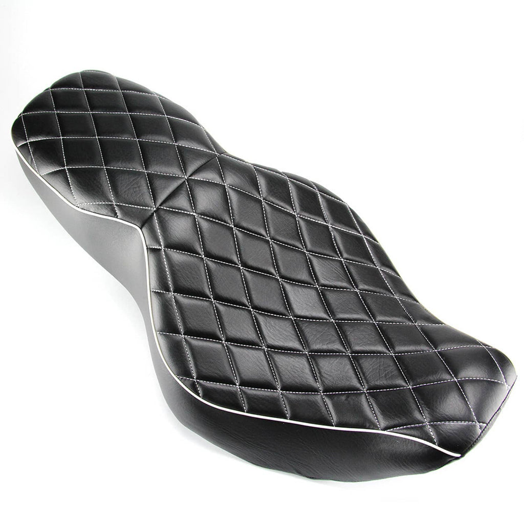 Black motorcycle two-up seat with diamond quilt stitching and curved edges