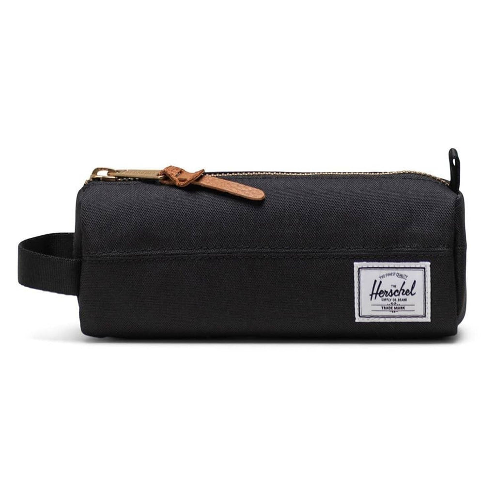 Black Herschel pencil case with zip closure, tan leather pull tab, front logo patch