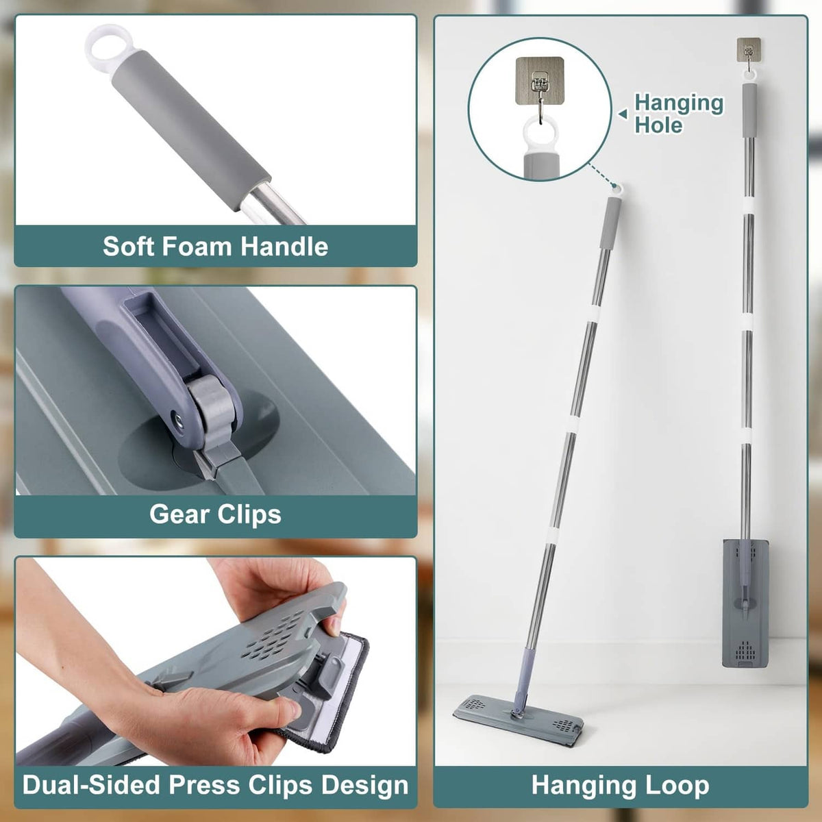 Gray flat mop with soft foam handle, dual press clips, and hanging loop