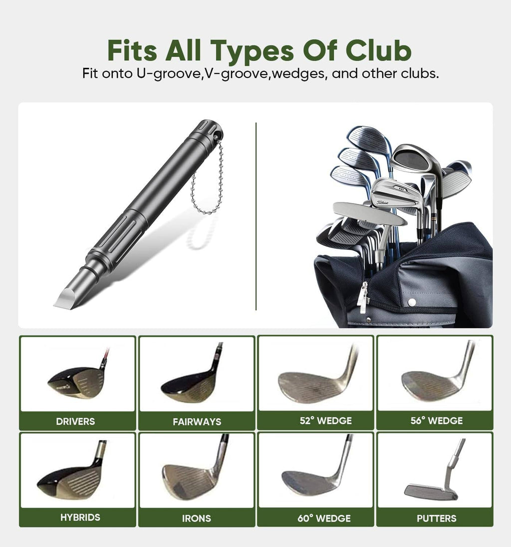 Golf club groove sharpener tool with chain, shown with driver, iron, and wedge heads