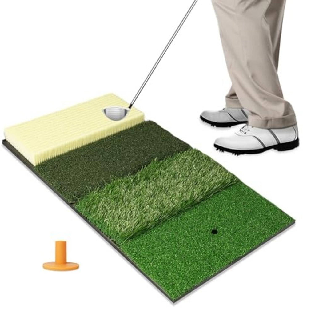 Foldable golf hitting mat with green turf panels and a light sand-trap strip
