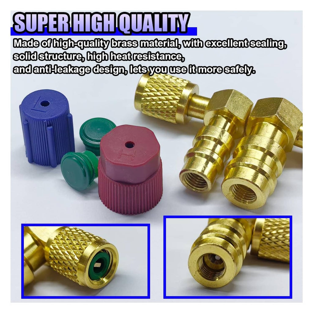 Gold A/C refrigerant adapter set with textured fittings and green, red, blue caps