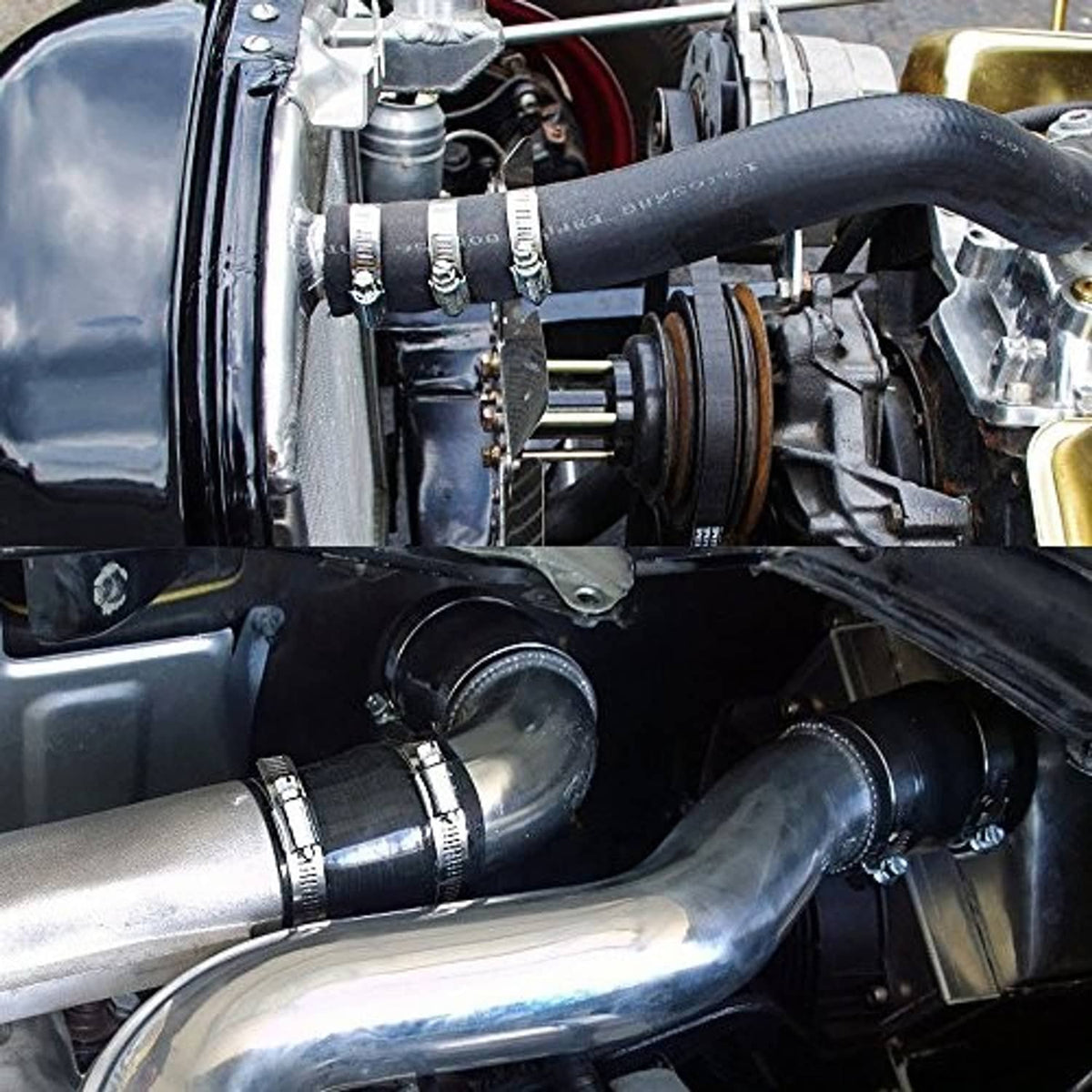 Stainless steel hose clamp securing rubber hoses in an engine bay