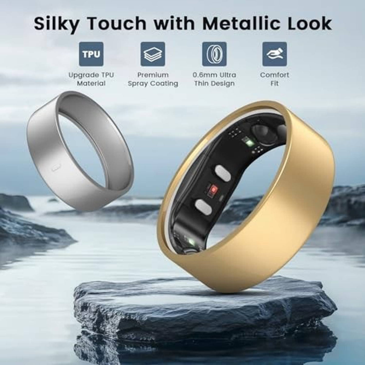 Matte gold ring cover with black inner band and visible sensor window