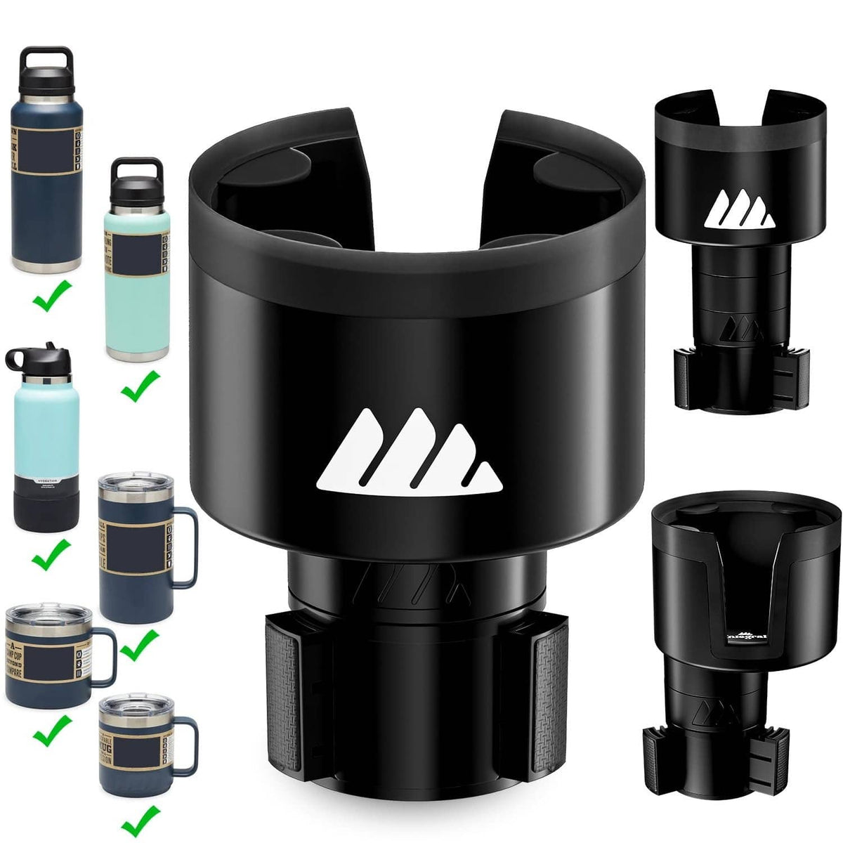 Black car cup holder expander with wide rim and adjustable grip base
