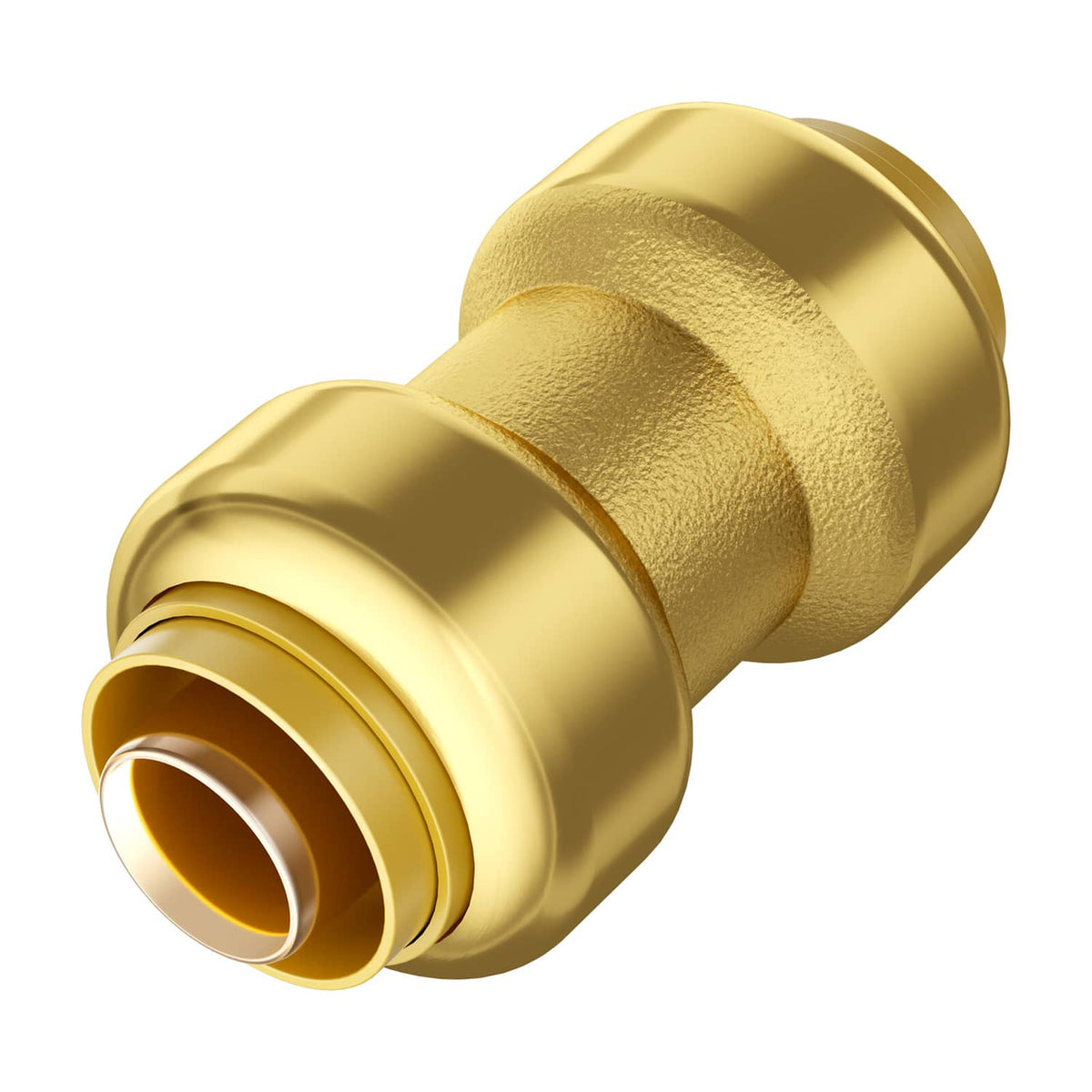 Close-up of brass straight-through push-fit pipe fitting connector end