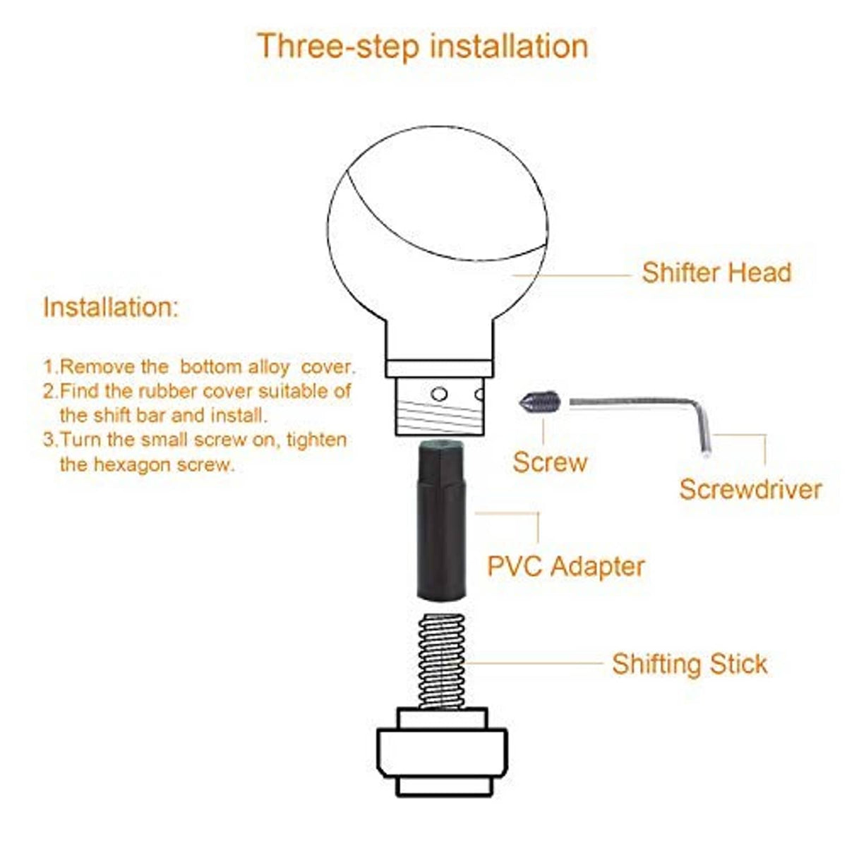 Shifter head and knob installation parts: screw, hex key, PVC adapter, and shifting stick