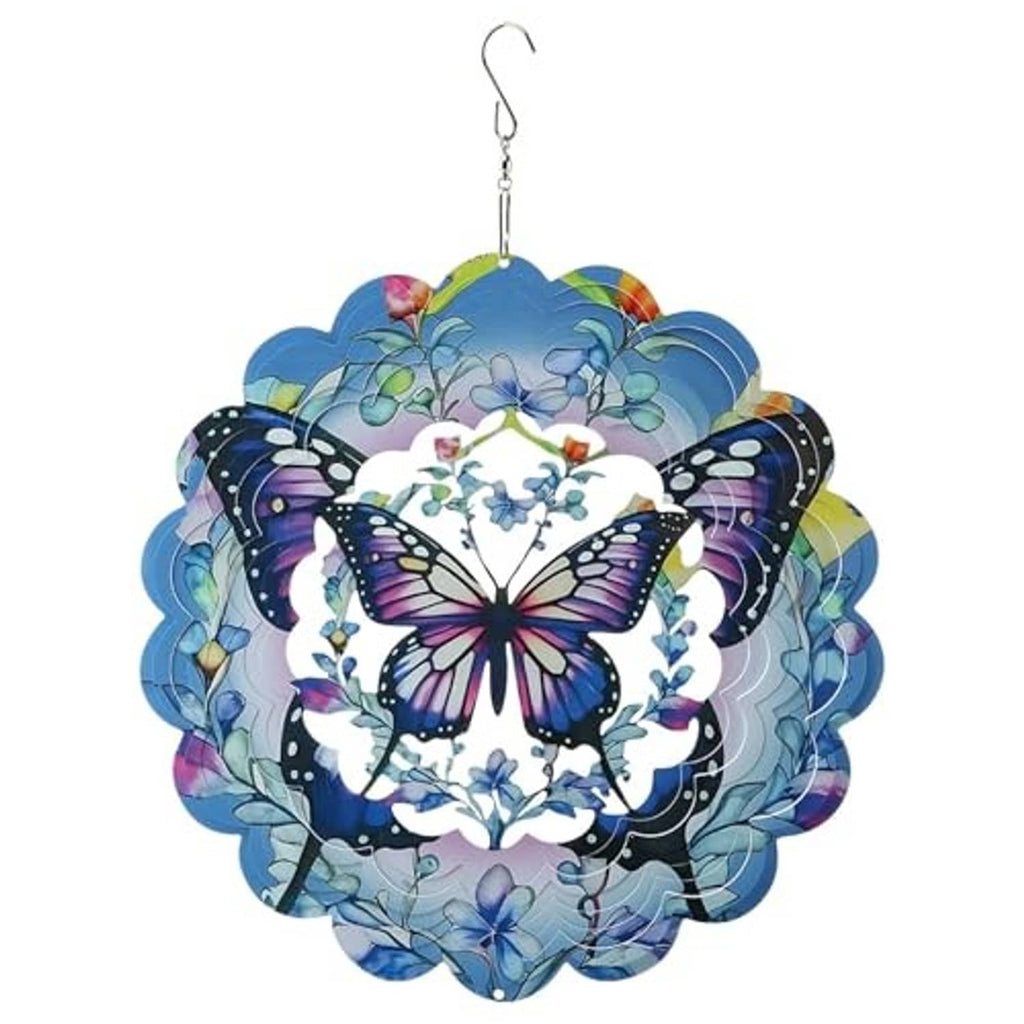 Butterfly wind spinner with layered blue swirls, purple butterfly wings, and silver hook