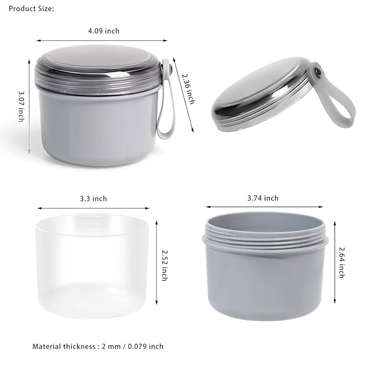 Gray denture soaking cup case with lid and carry handle, size diagram shown.