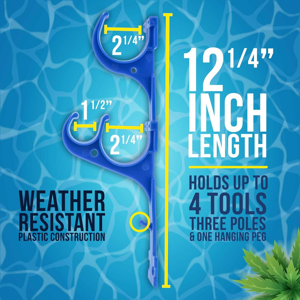 Blue plastic pool pole hanger, 12 in length, holds up to four poles