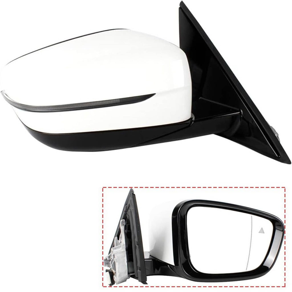 White passenger side mirror with black frame and attached mounting backing