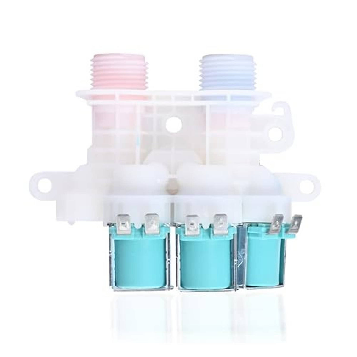 Water inlet valve assembly with teal solenoids and ribbed inlet fittings