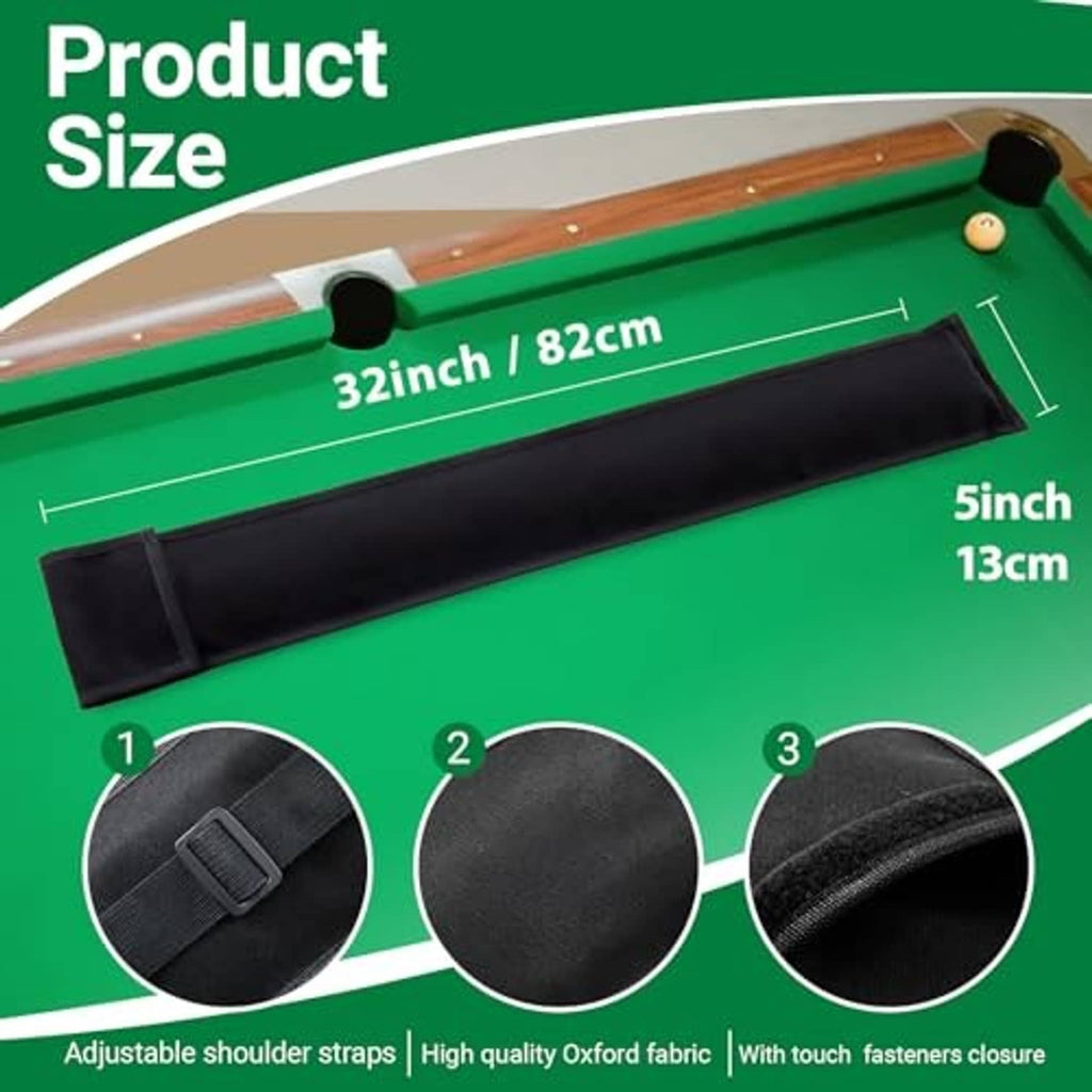 Black 32-inch pool cue case with adjustable shoulder strap and hook-and-loop closure.