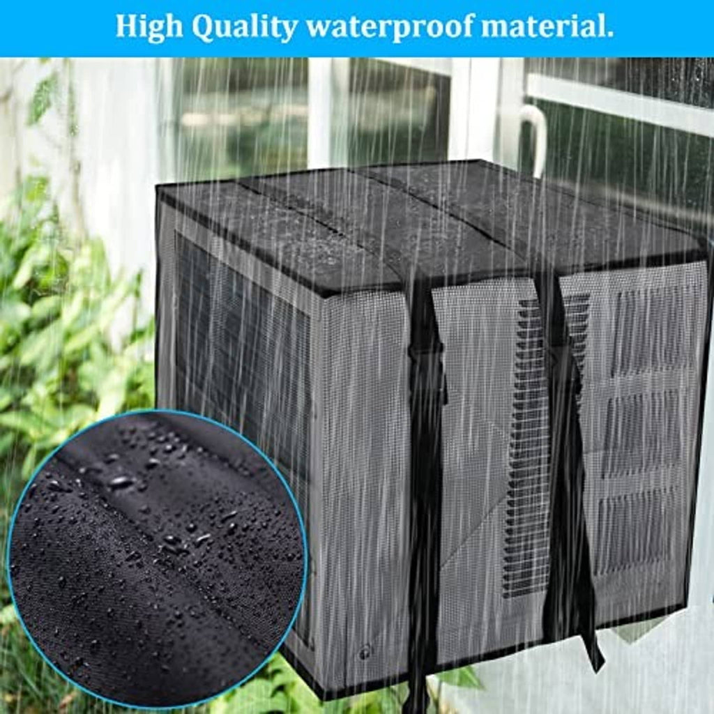 Black waterproof mesh air conditioner cover with raindrop texture on fabric
