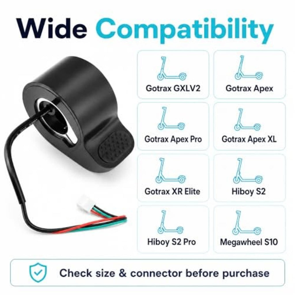 Thumb throttle replacement with wide-compatibility chart and connector check before purchase
