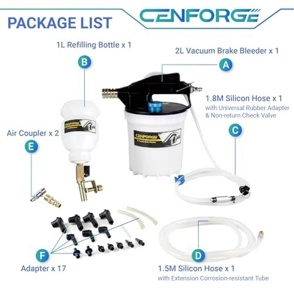 Vacuum brake bleeder kit components laid out: bottles, hoses, adapters, and vacuum couplers