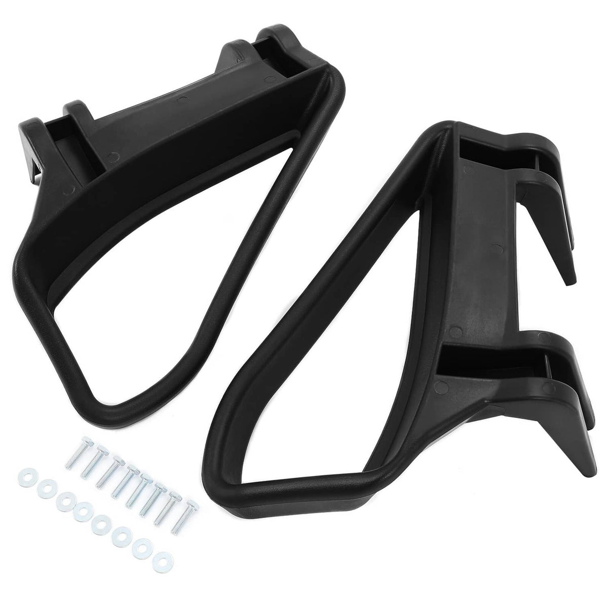 Pair of black plastic armrest/handle frames with mounting base and included bolts