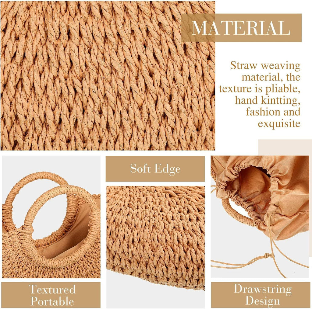 Woven straw tote bag fabric close-up with round handle detail