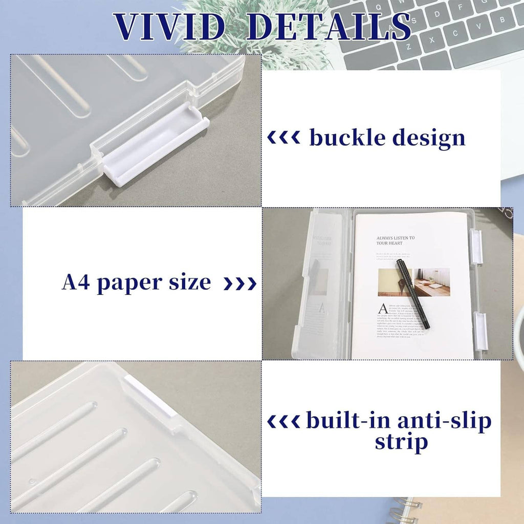 Clear A4 paper protector with snap buckle and anti-slip strip detail