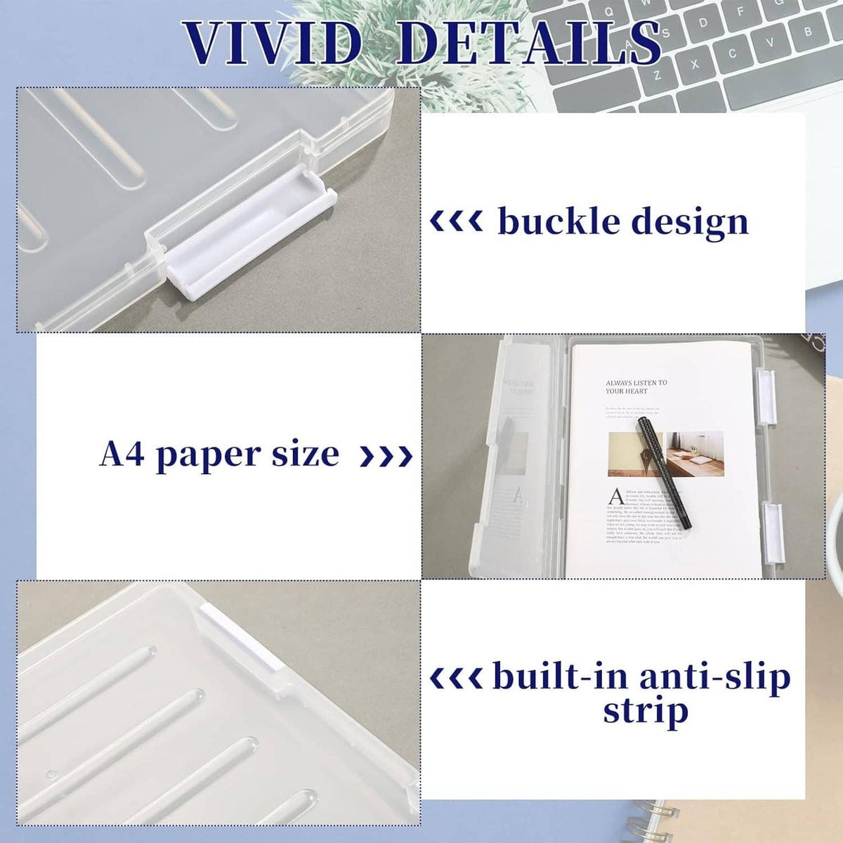 Clear A4 paper protector with snap buckle and anti-slip strip detail