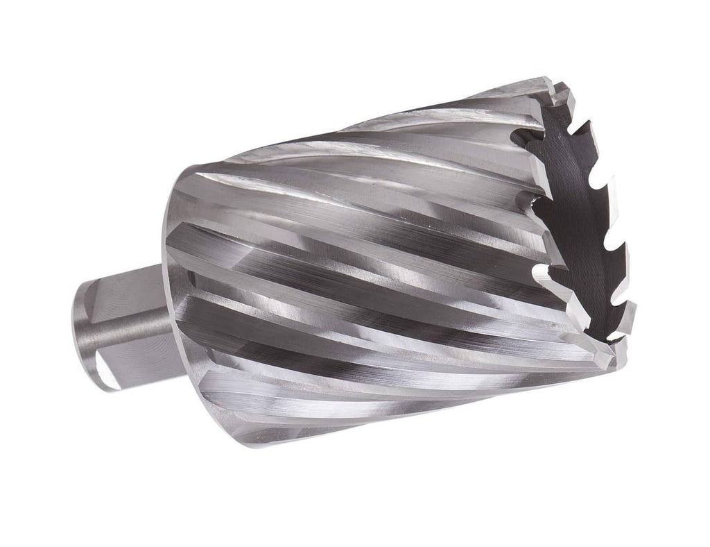 HSS annular cutter, silver fluted cutting head with serrated rim and shank