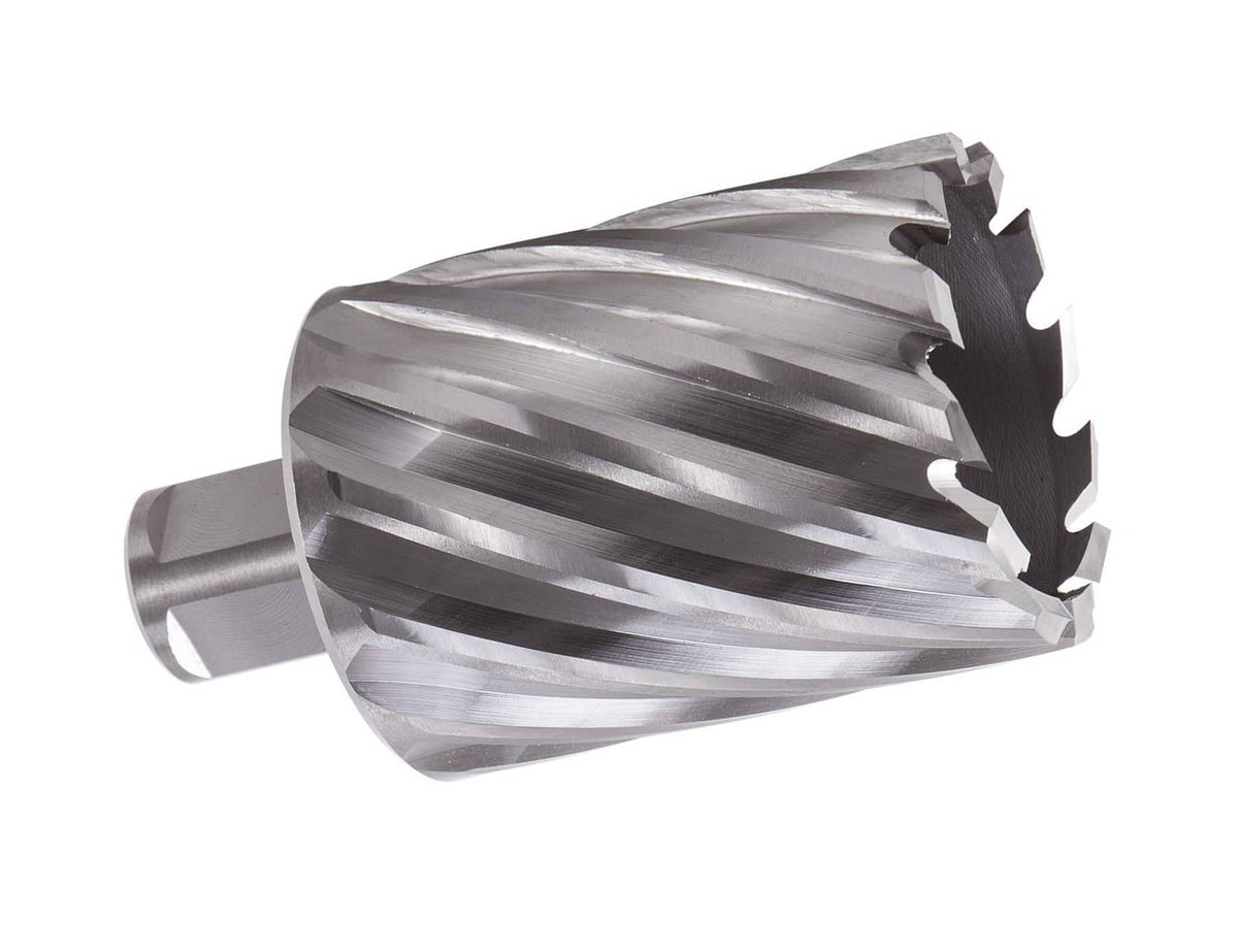 HSS annular cutter, silver fluted cutting head with serrated rim and shank